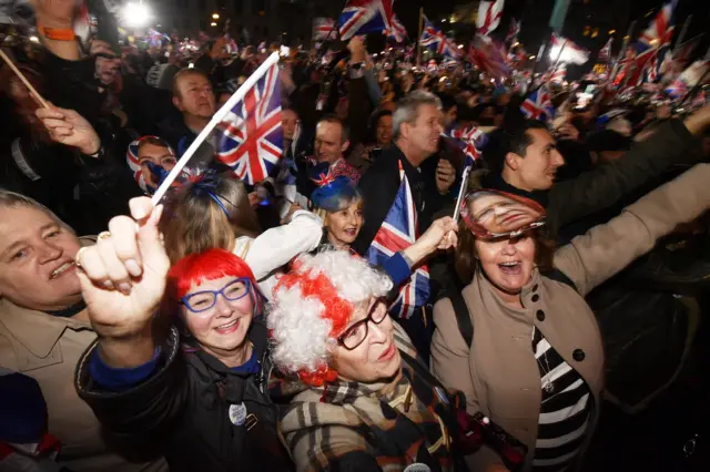 Crowds in Parliament Square celebrate the moment the UK leaves the EU