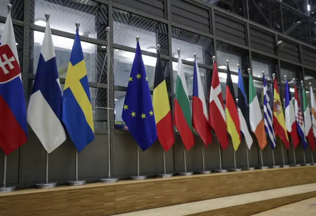 A view of the empty space where the British flag stood in the European Council in Brussels