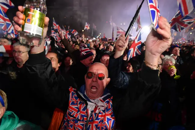 Crowds in Parliament Square celebrate the moment the UK leaves the EU