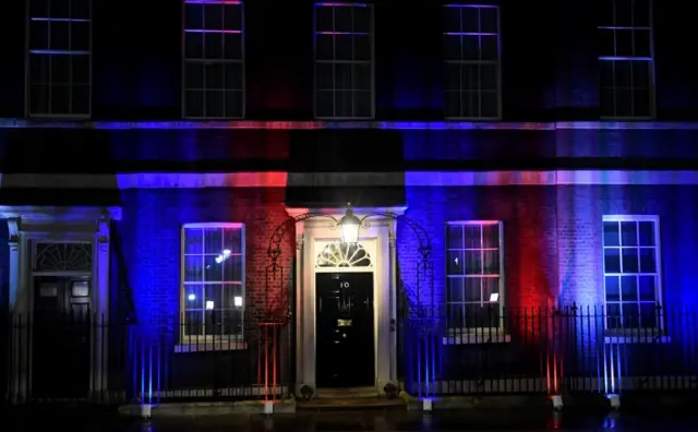 Downing Street lit up in red, white and blue