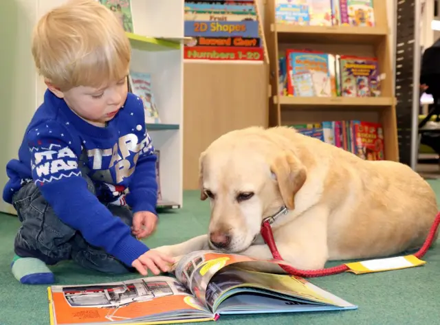 Boy reading to dog