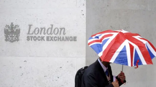 London Stock Exchange sign with Union Jack umbrella in front