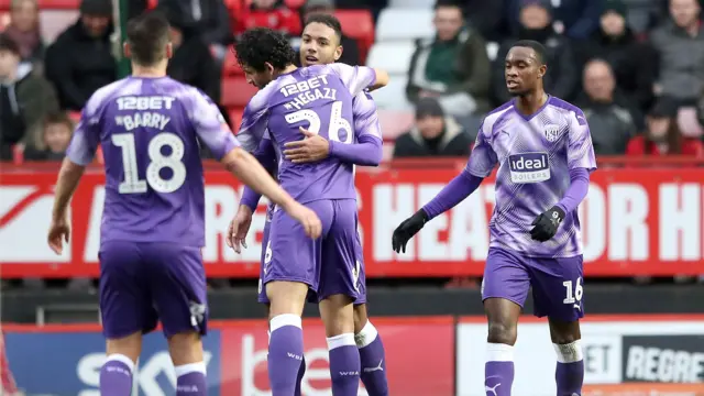 Kenneth Zohore of West Bromwich Albion celebrates with teammates after scoring in FA Cup