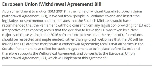 As an amendment to motion S5M-20318 in the name of Michael Russell (European Union (Withdrawal Agreement) Bill), leave out from "people in Scotland" to end and insert "the legislative consent memorandum indicates that the Scottish Ministers would have recommended that the Parliament withhold consent from any legislation providing for EU exit, irrespective of its content; recalls that the decision to leave the EU was taken by a clear majority of those voting in the 2016 referendum; believes that the results of referendums should be respected and implemented, rather than ignored; welcomes that the UK will be leaving the EU later this month with a Withdrawal Agreement; recalls that all parties in the Scottish Parliament have called for such an agreement to be in place before EU exit and therefore supports the Withdrawal Agreement, and consents to the European Union (Withdrawal Agreement) Bill, which will implement this agreement."