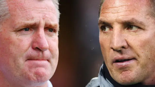 Dean Smith, manager of Aston Villa (L) and Brendan Rodgers, Manager of Leicester City.