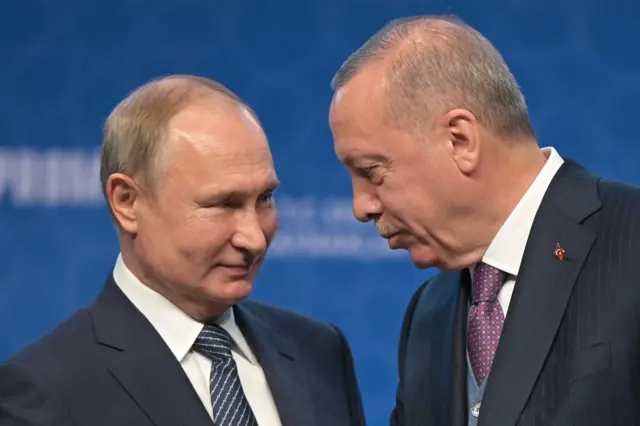 Russian President Vladimir Putin and Turkish President Recep Tayyip Erdogan speak as they attend an inauguration of a new gas pipeline in Istanbul on 8 January, 2020.