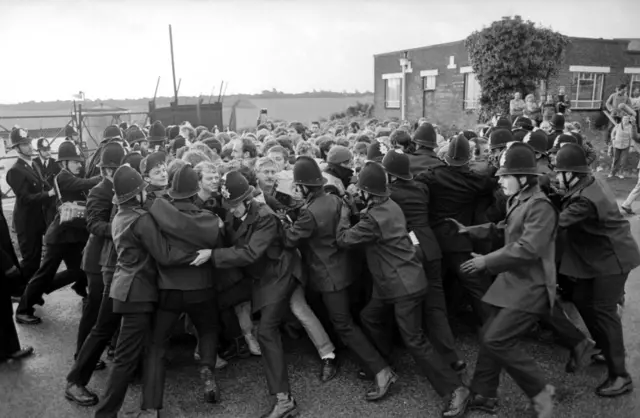 Miners and Police clash during strike at Tilmanstone Colliery in Kent, September 1984