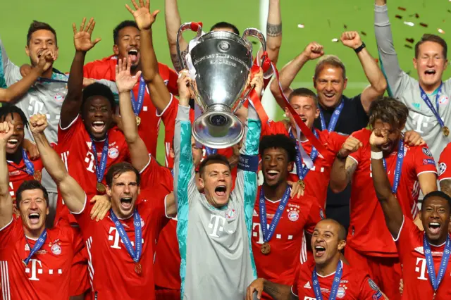 Bayern Munich celebrating with the Champions League trophy