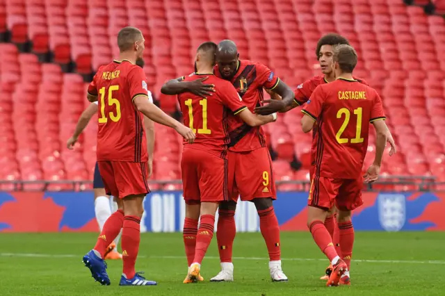 Romelu Lukaku celebrates giving Belgium the lead from the penalty spot