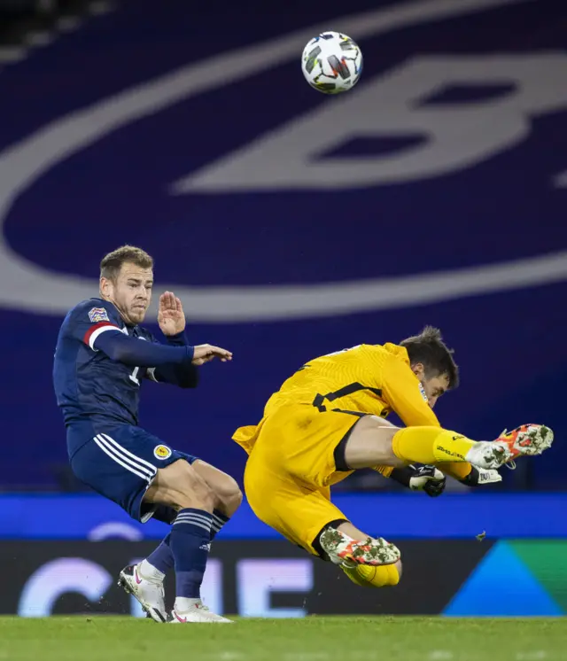 Ryan Fraser challenges the Slovakian goalkeeper