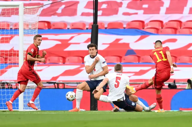 Yannick Carrasco has a goal disallowed for Belgium in the Nations League against England at Wembley