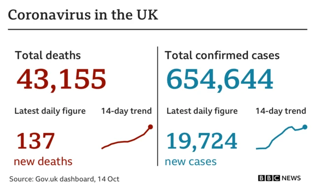 A graph showing the daily cases and deaths in the UK