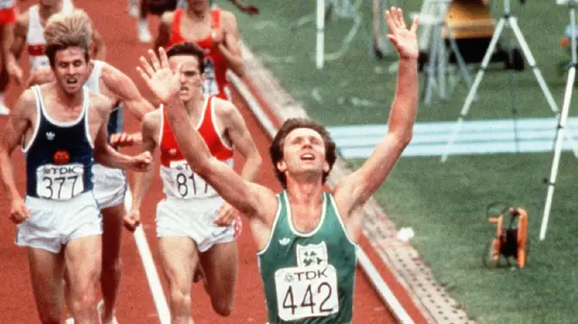 Eamonn Coghlan crosses the line to clinch world gold in Helsinki in August 1983