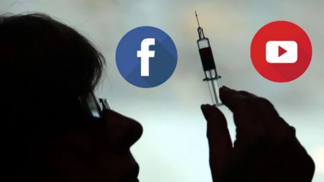 Medical syringe with Facebook and YouTube logos in background