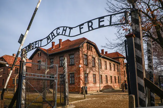 The entrance gate at the former Auschwitz Nazi German concentration and extermination camp in Oswiecim, Poland,  26 January 2020