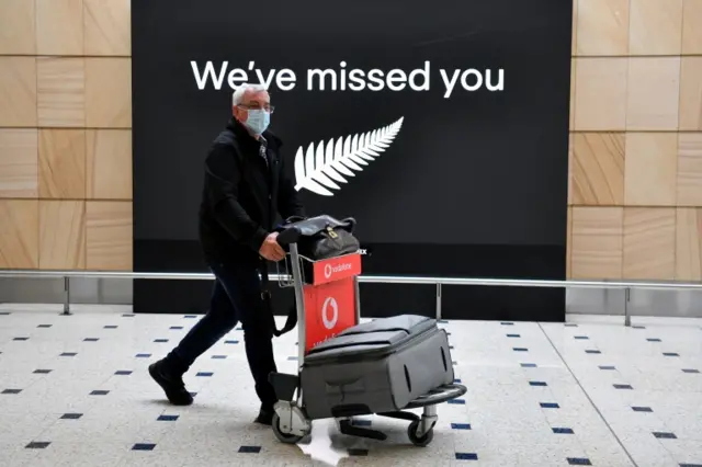 Ken Gifford, the first passenger to disembark flight NZ103 from New Zealand arriving at Sydney International Airport in Sydney, Australia, on 16 October 2020