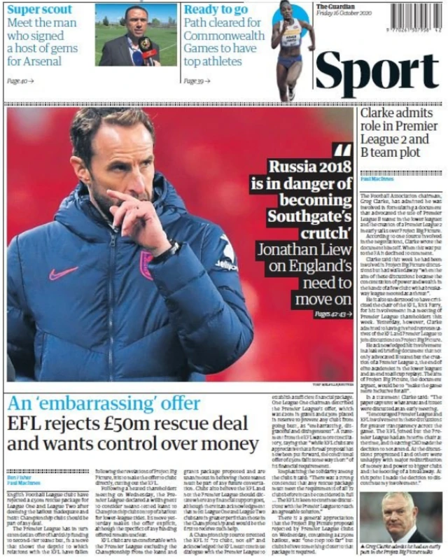 The Guardian sport page on 16 October 2020