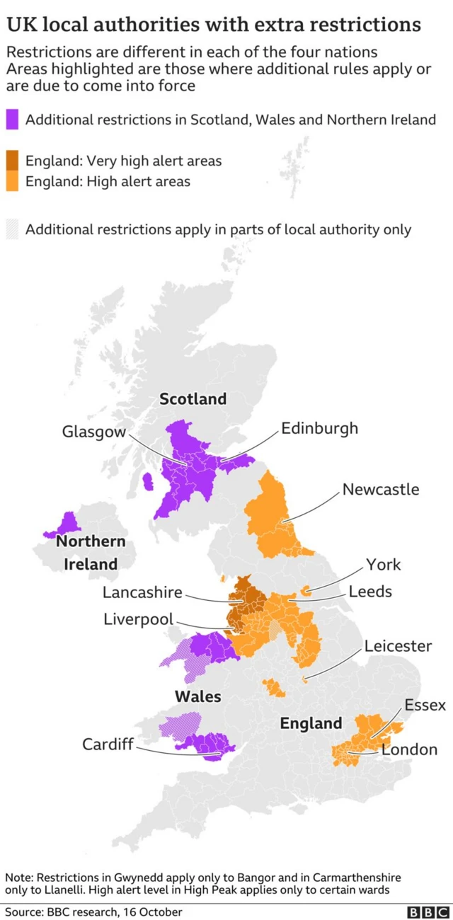 Map showing local authorities with increased restrictions