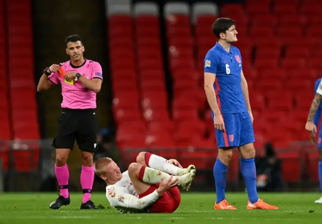 Harry Maguire is sent off playing for England against Denmark