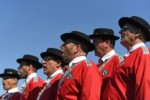 A yodel group sings during the first day of the Federal Alpine Wrestling Festival in August 2016 in Payerne, western Switzerland