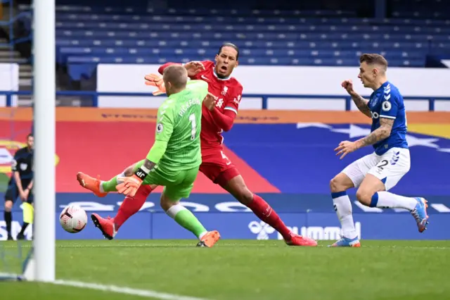 Everton's Jordon Pickford tackles Liverpool's Virgil van Dijk