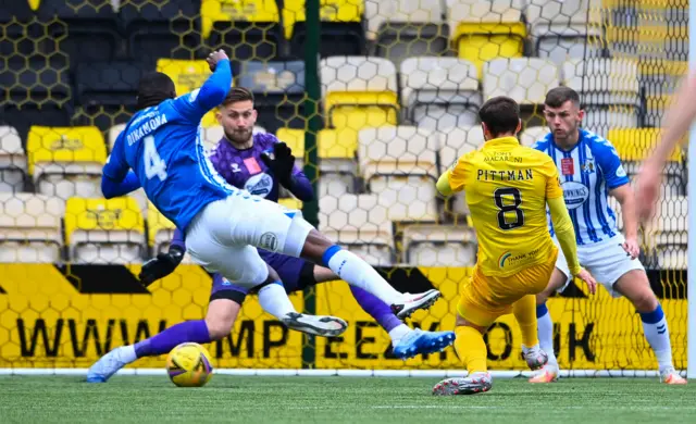 Scott Pittman (right) fires Livingston into the lead against Kilmarnock