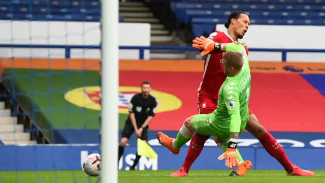 Jordan Pickford challenges Virgil van Dijk