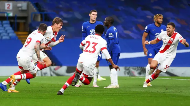 Southampton celebrate injury-time equaliser at Chelsea