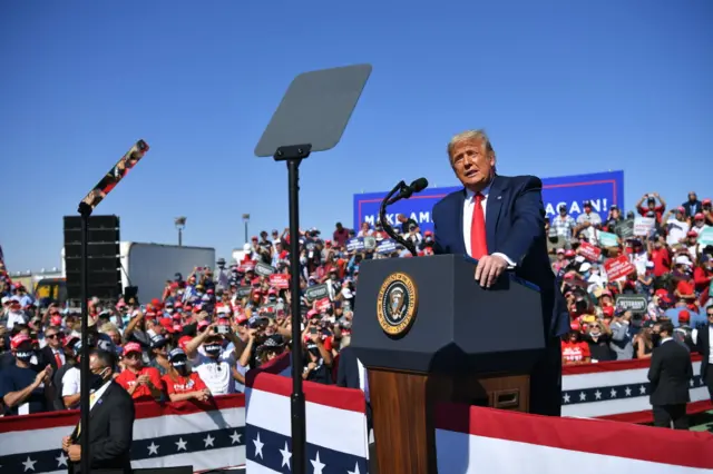 US President Donald Trump speaks during a rally at Prescott Regional Airport in Prescott, Arizona on October 19, 2020