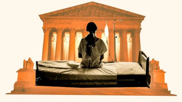 Woman on hospital bed composite image with supreme court