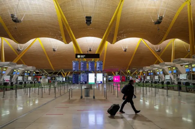 Near empty terminal in Madrid's Adolfo Suarez-Madrid Barajas airport on 2 October 2020