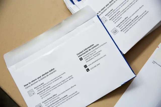 An envelope is pictured as early voting for the 2020 President Election begins in Pennsylvania in late September