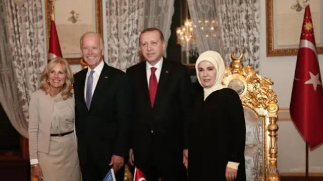 US Vice President Joe Biden (2nd L), his wife Jill Biden (L) pose with Turkish President Recep Tayyip Erdogan (2ndR) and his wife Emine Erdogan (R) in 2016