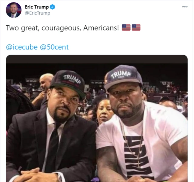 A screengrab of Eric Trump's tweet featured a doctored image of 50 Cent and Ice Cube