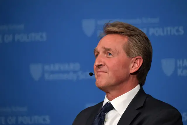 Former Arizona Senator Jeff Flake speaks at the Harvard Kennedy School of Government in a program titled 'Strengthening Democratic Institutions' at Harvard University on March 1, 2019 in Cambridge, Massachusetts