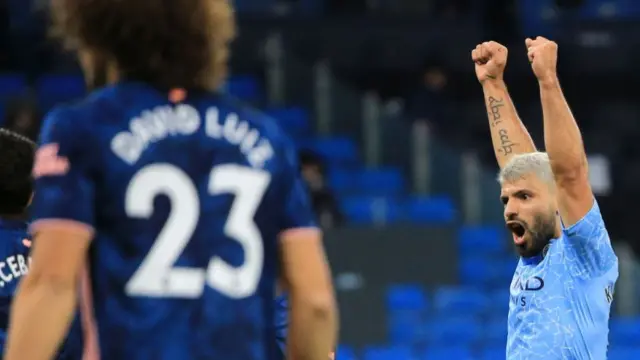 Aguero celebrates Raheem Sterling's goal against Arsenal on Saturday