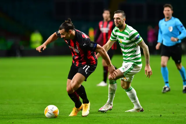 Zlatan Ibrahimovic of AC Milan looks to break past Shane Duffy of Celtic