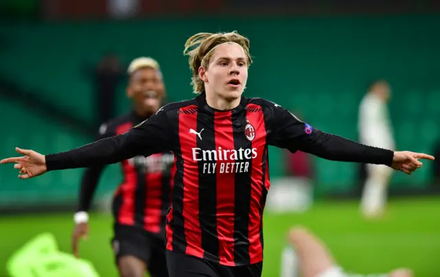 Jens Petter Hauge of AC Milan scored bagged the third goal for the Italian side on his European debut for the club