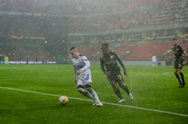 Rangers' Ryan Kent is soaked by the rain