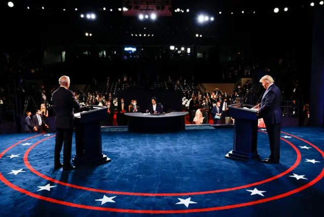 President Donald Trump and Democratic presidential nominee Joe Biden participate in the final presidential debate at Belmont University on October 22, 2020 in Nashville, Tennessee