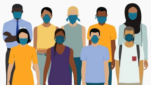 A drawing of people wearing masks