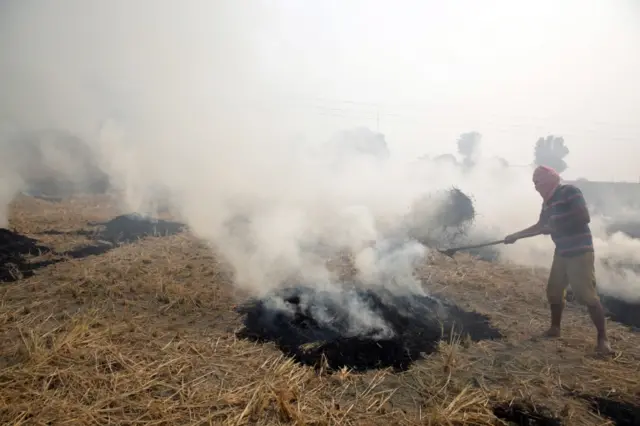 An Indian farmer burns crop stubble in a farm at a village on the outskirts of Amritsar, India, October 2020