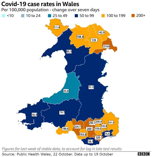 Map showing Covid cases in Wales