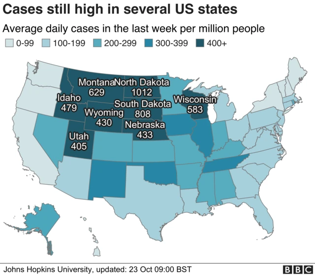 graphic showing where cases are rising in the US