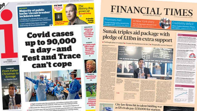 The i and FT front pages on 23 October 2020