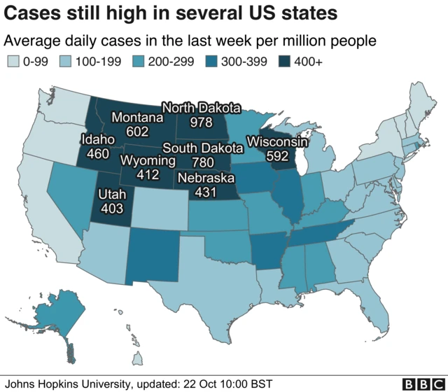 A graphic showing states with high cases