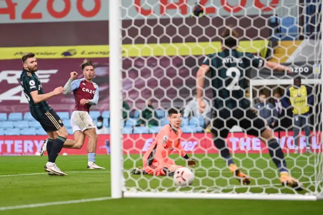 Luke Ayling clears Jack Grealish' shot off the line