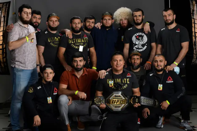 Khabib Nurmagomedov and his team pictured after his win over Justin Gaethje.