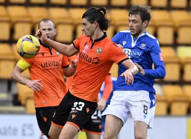 Dundee United's Ian Harkes holds off Murray Davidson