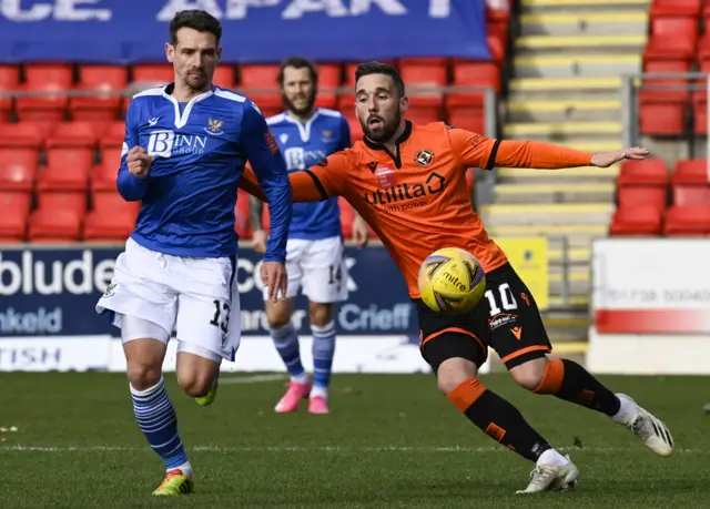 Dunde United's Nicky Clark (right) holds off Craig Bryson